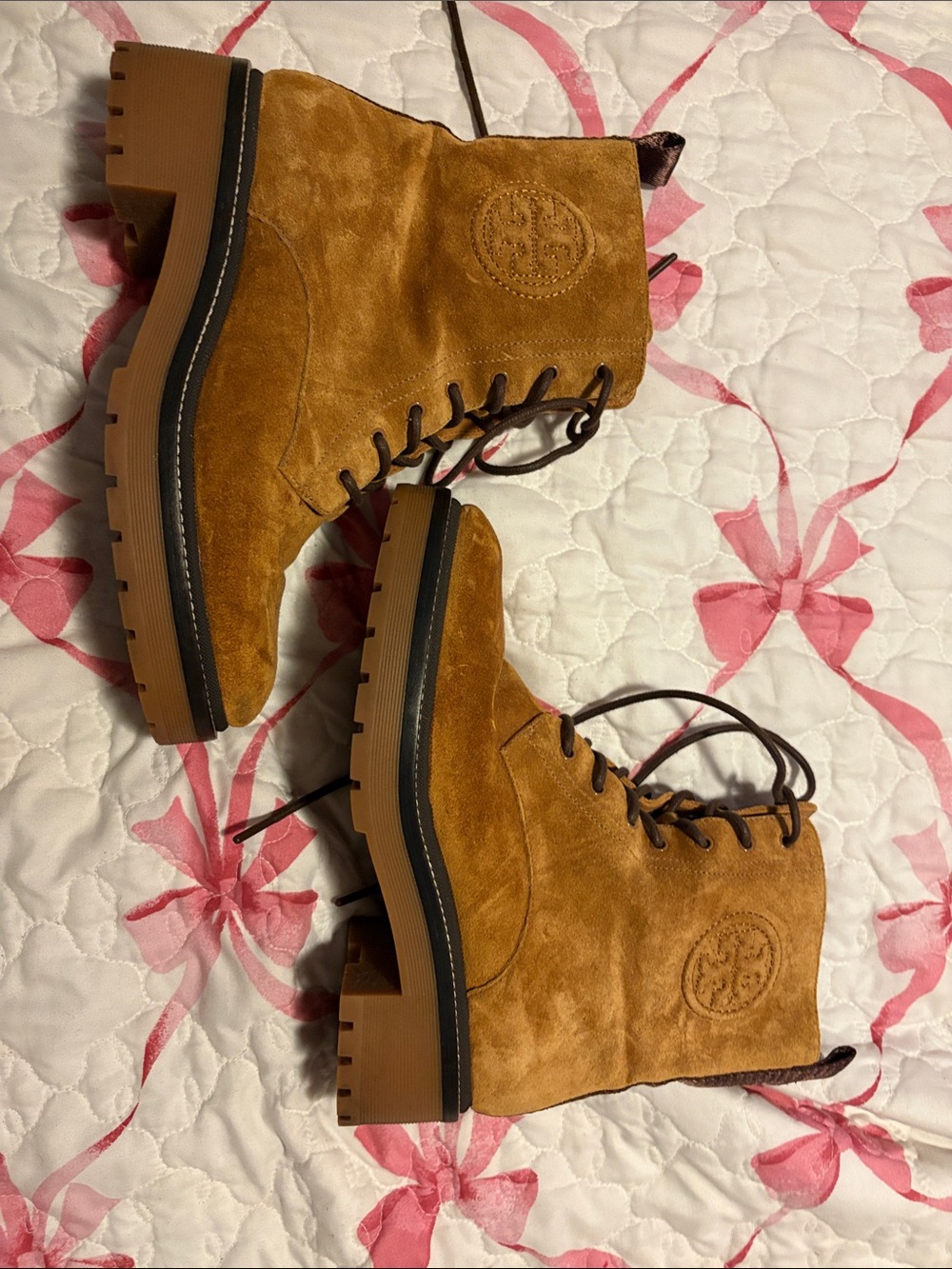 Tory Burch Camel Suede Lace-Up Lug Boots